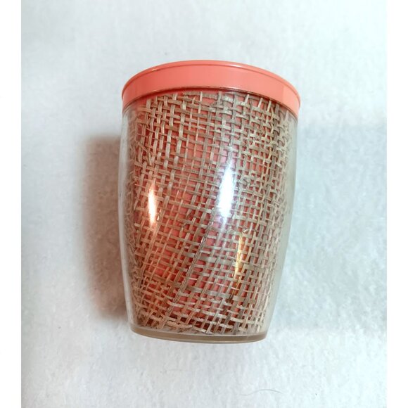 Lot of 2 Raffiaware tumblers peach interiors burlap 3.75" tall MCM plastic - Picture 2 of 4